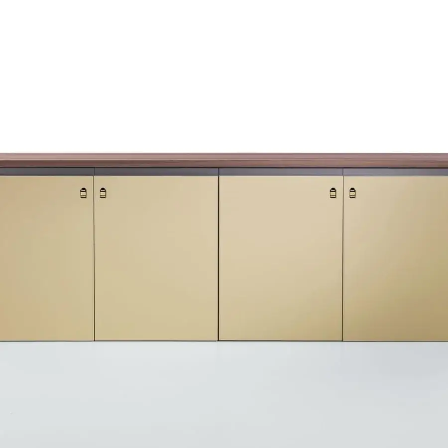 Distinguished 4 Mariani Kefa sideboard built with wood veneer and matte golden doors, contrasted by dark wood with titanium varnished aluminum handles