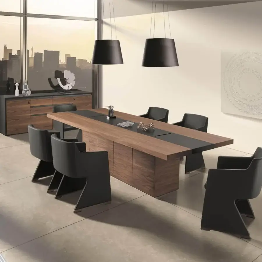 Distinguished 4 Mariani Kefa conference table with Eucalyptus top and channeled base in matte wood finish and dark inlay