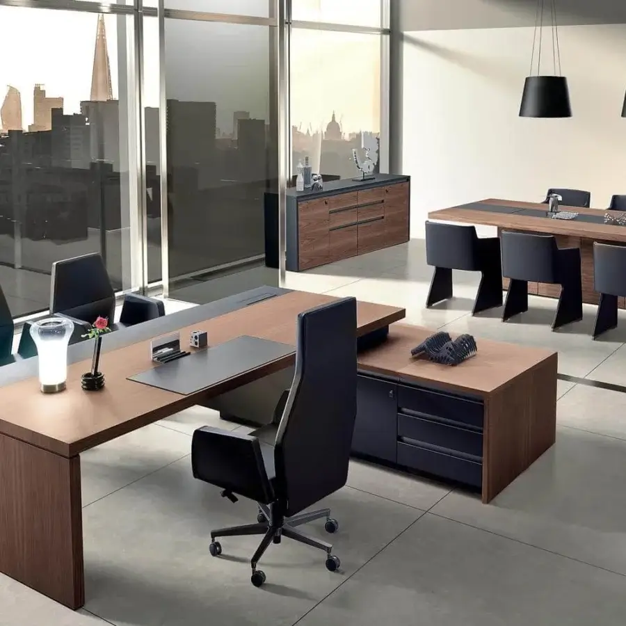 Elegant 4 Mariani Kefa conference table with Eucalyptus top and channeled base in matte wood-like finish with black accents