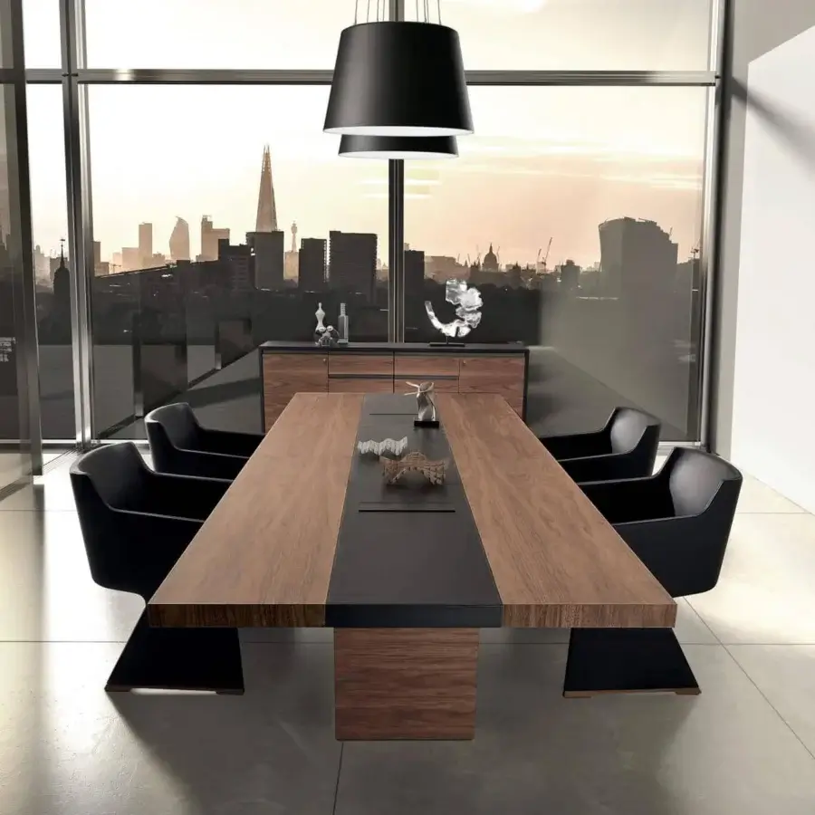 Superior 4 Mariani Kefa conference table with Eucalyptus top and channeled base in matte finish and dark central accent