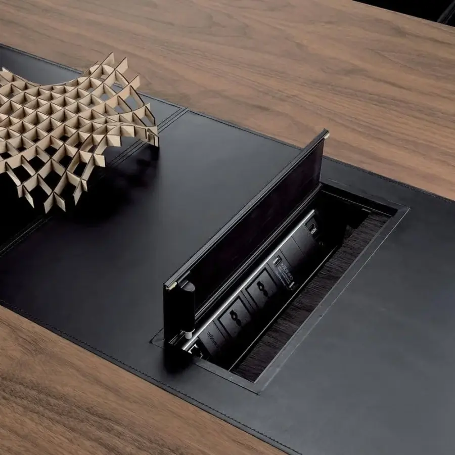 Captivating 4 Mariani Kefa conference table crafted in Eucalyptus with a black inlay and geometrically complex decorative object