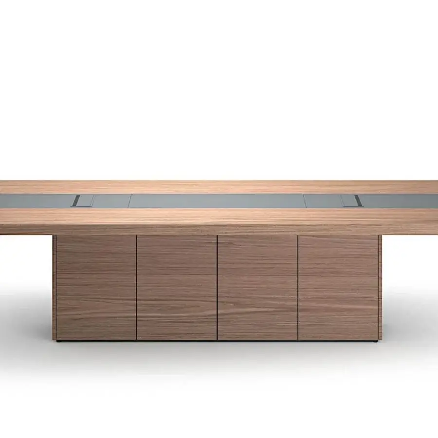 Distinguished 4 Mariani Kefa conference table built in eucalyptus with a smooth light brown tone and saddle leather details