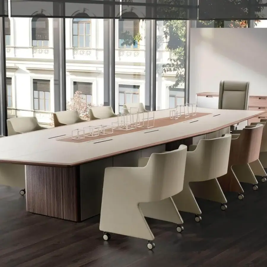 Exceptional 4 Mariani Ophy armchair built for conference rooms with light beige synthetic textile and matching frame