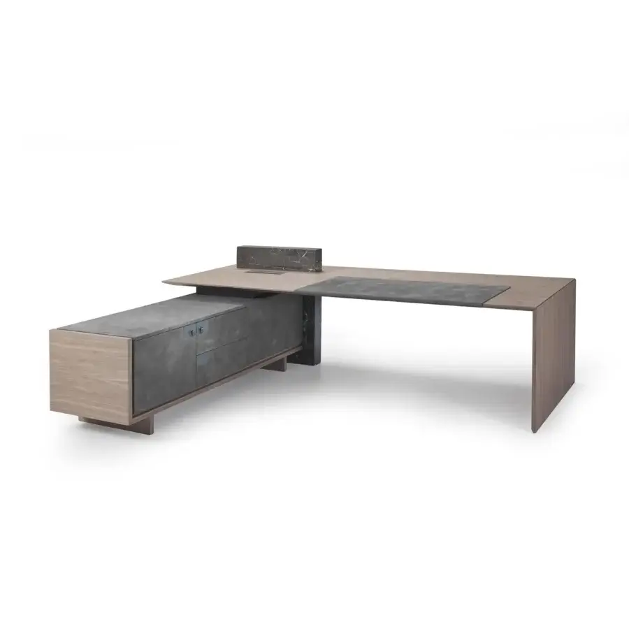Distinguished 4 Mariani Cartesiano desk with light brown walnut veneer and New Saint Laurent marble block support built in pewter handled drawers