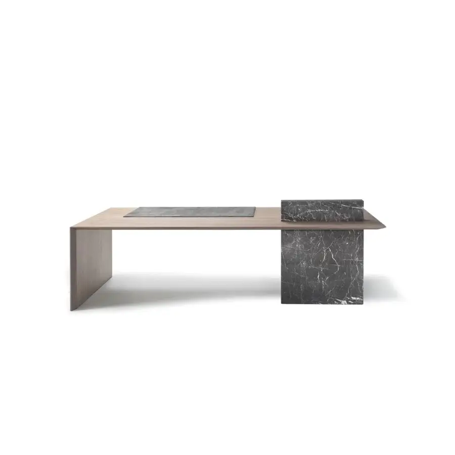 Exceptional 4 Mariani Cartesiano desk crafted with grey stained black walnut veneer and New Saint Laurent marble support in leather upholstery