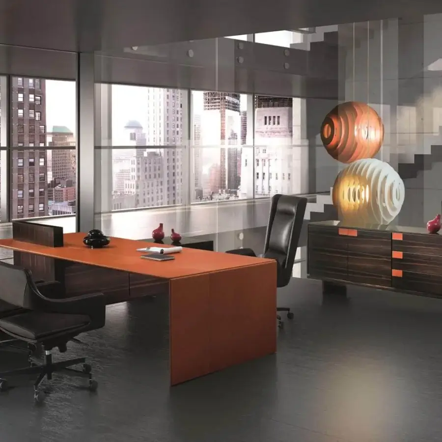 Sophisticated 4 Mariani Cartesiano desk with grey stained black walnut veneer and smooth orange-brown work surface