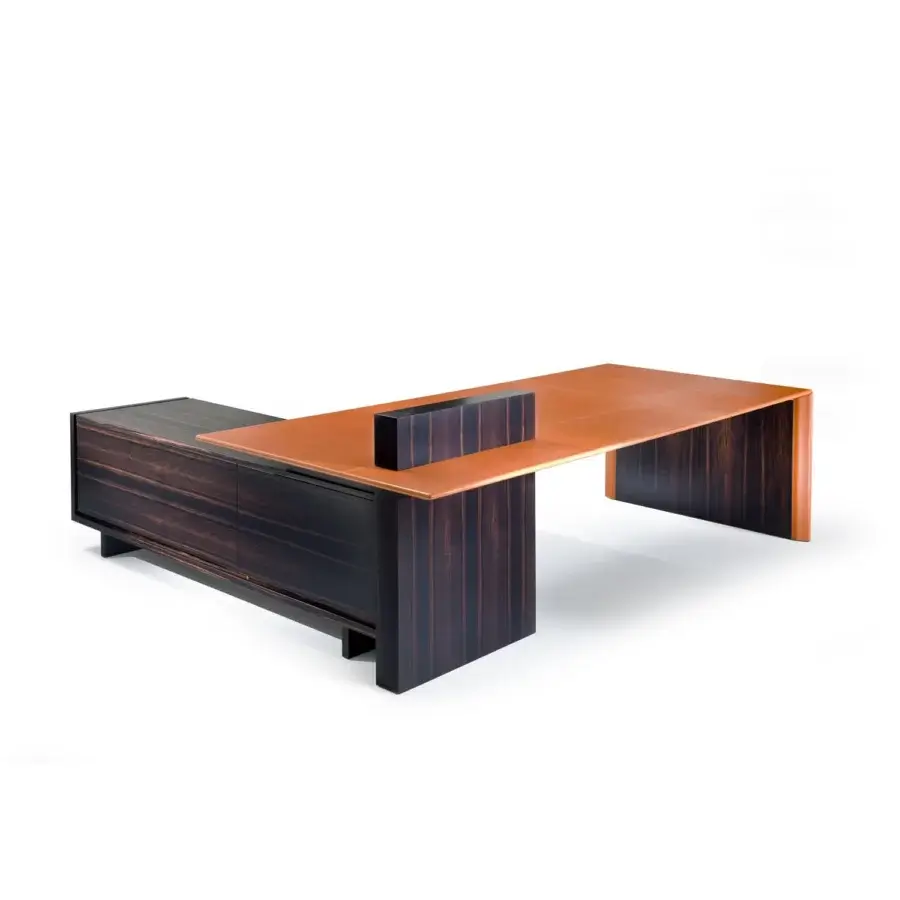 Exclusive 4 Mariani Cartesiano desk with light brown leather desktop and dark walnut grey stained wood structure built with veneered cabinetry