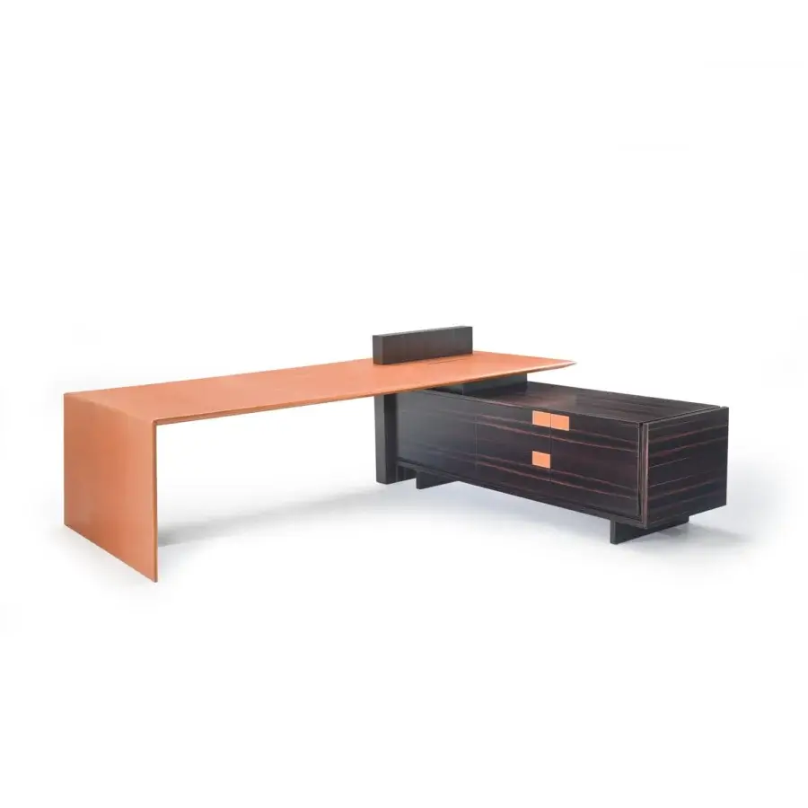 Sophisticated 4 Mariani Cartesiano desk with Macassar Ebony finish and light brown drawer fronts built with an electrified box and leather upholstery
