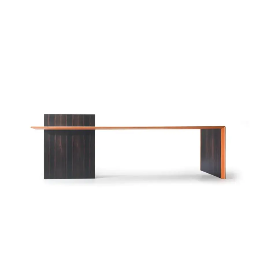 Distinguished 4 Mariani Cartesiano desk crafted with Macassar Ebony veneer and lighter orange accents, featuring an electrified top