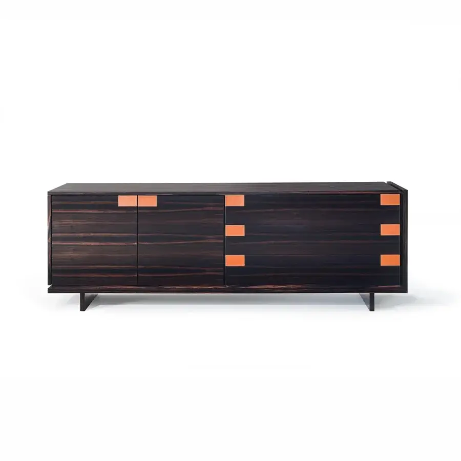 Exceptional 4 Mariani Cartesiano sideboard built with Macassar Ebony veneer and pewter-colored leather pulls in a deep brown finish