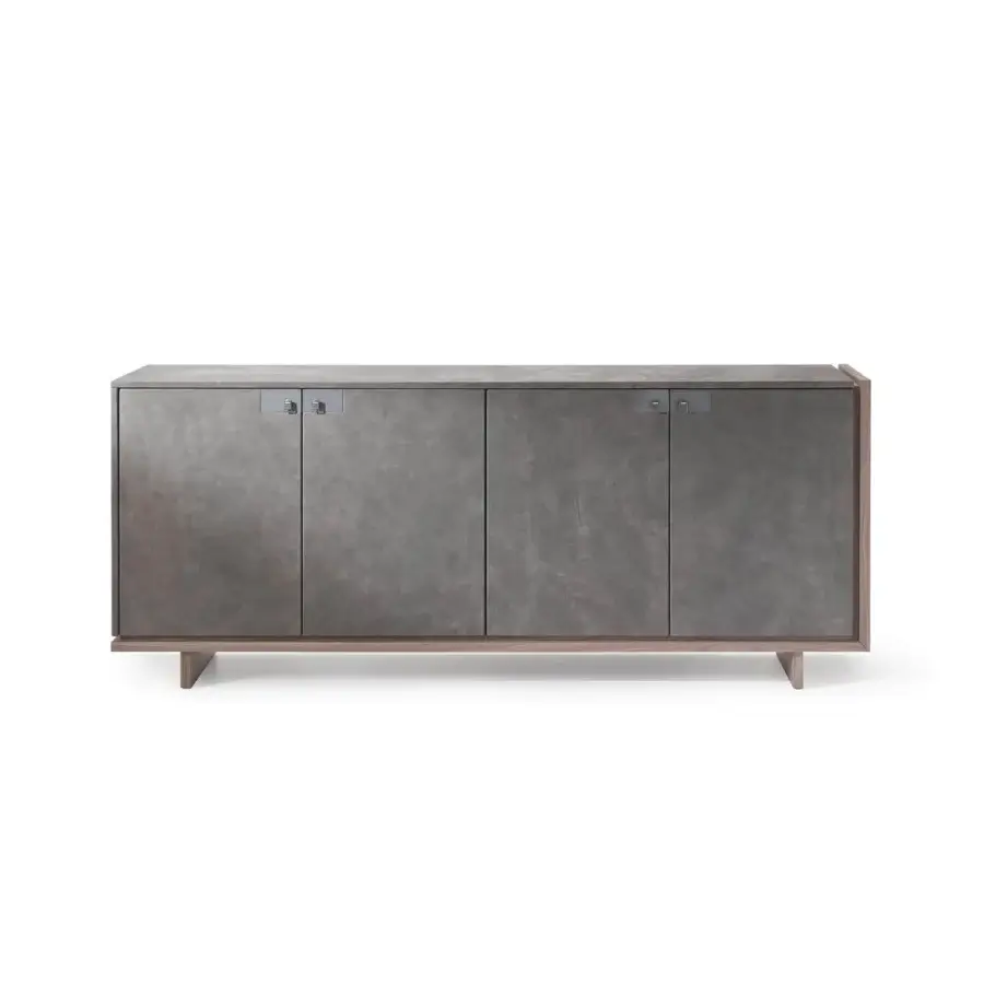 Elegant 4 Mariani Cartesiano sideboard with gray stained black walnut veneer and concrete-like textured top and side accents