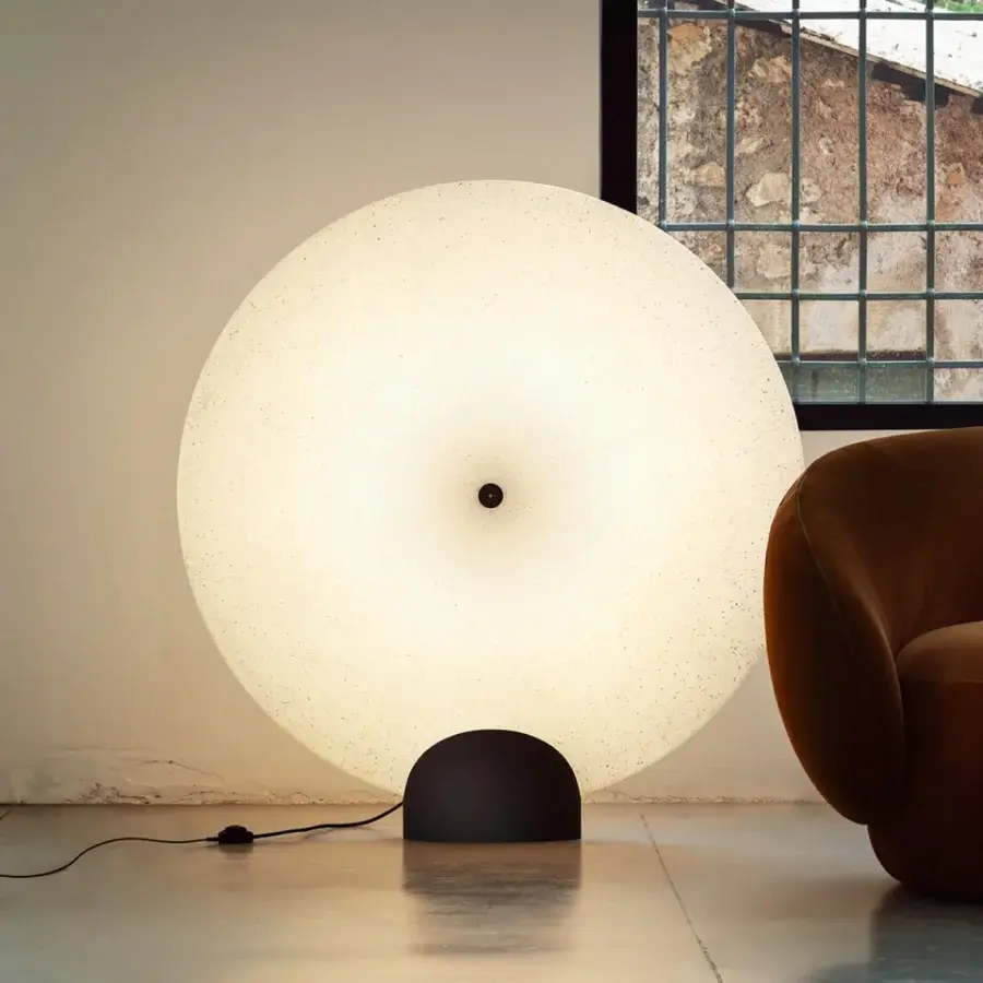 Elegant Miniforms Rificolona floor lamp crafted from recycled polyethylene with a translucent speckled moonlike finish