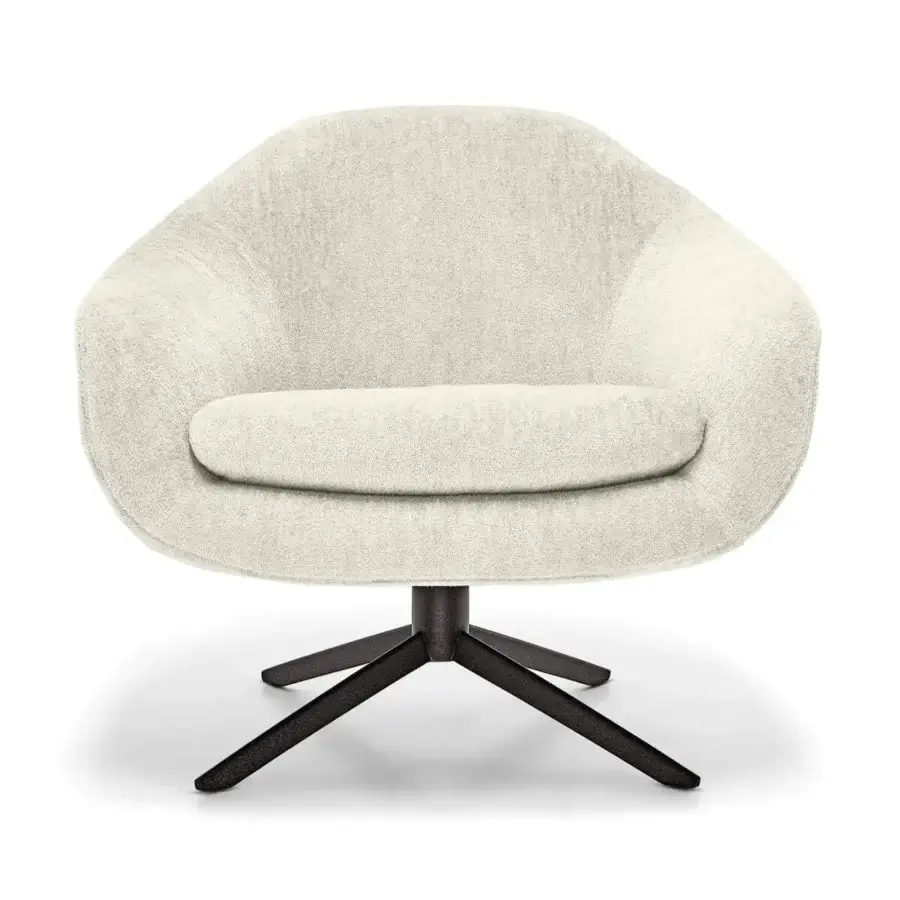 Distinguished Arketipo Bond lounge chair with rounded form upholstered in light textured textile and dark matte metal base