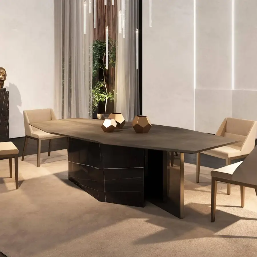 Distinguished Reflex Cubitum table with a spectacular wooden base, bronze-finished edges and Marble glass complemented by extra clear glass