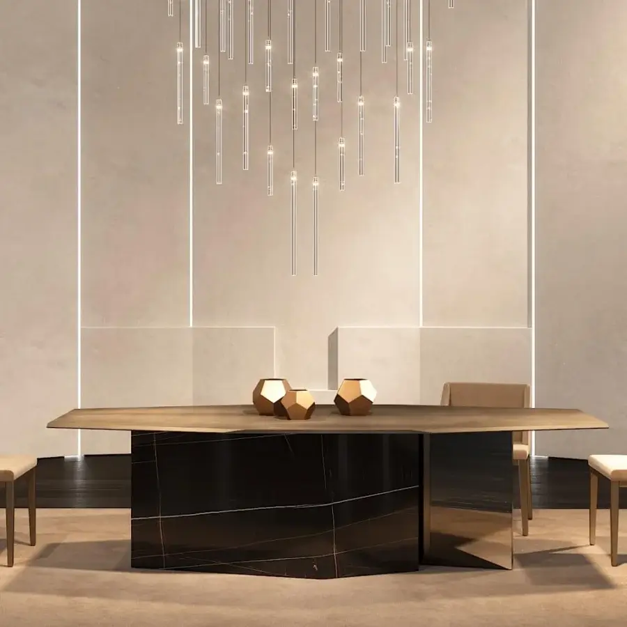 Exceptional Reflex Cubitum table with a light brown wood-like top and geometric base crafted in marble glass with a bronze mirror finish