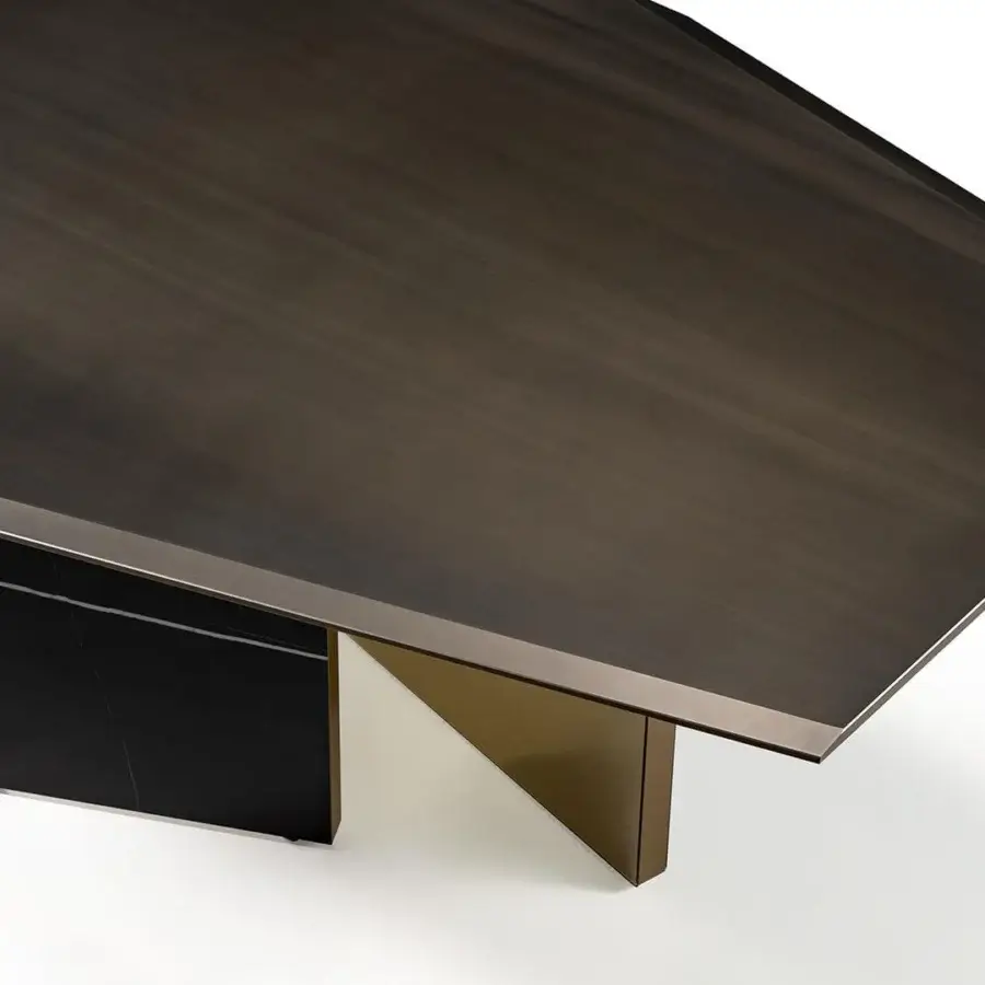 Superior Reflex Cubitum table with a dark brown wooden base, bronze finish and extra clear glass top