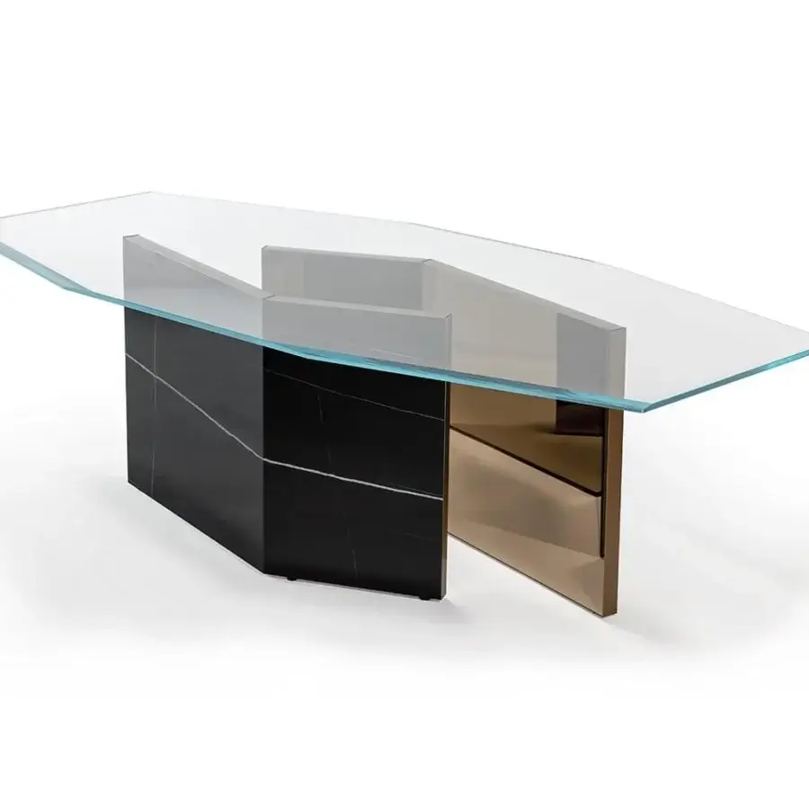 Lavish Reflex Cubitum table crafted with a wooden base, bronze finish, marble glass, and clear glass top