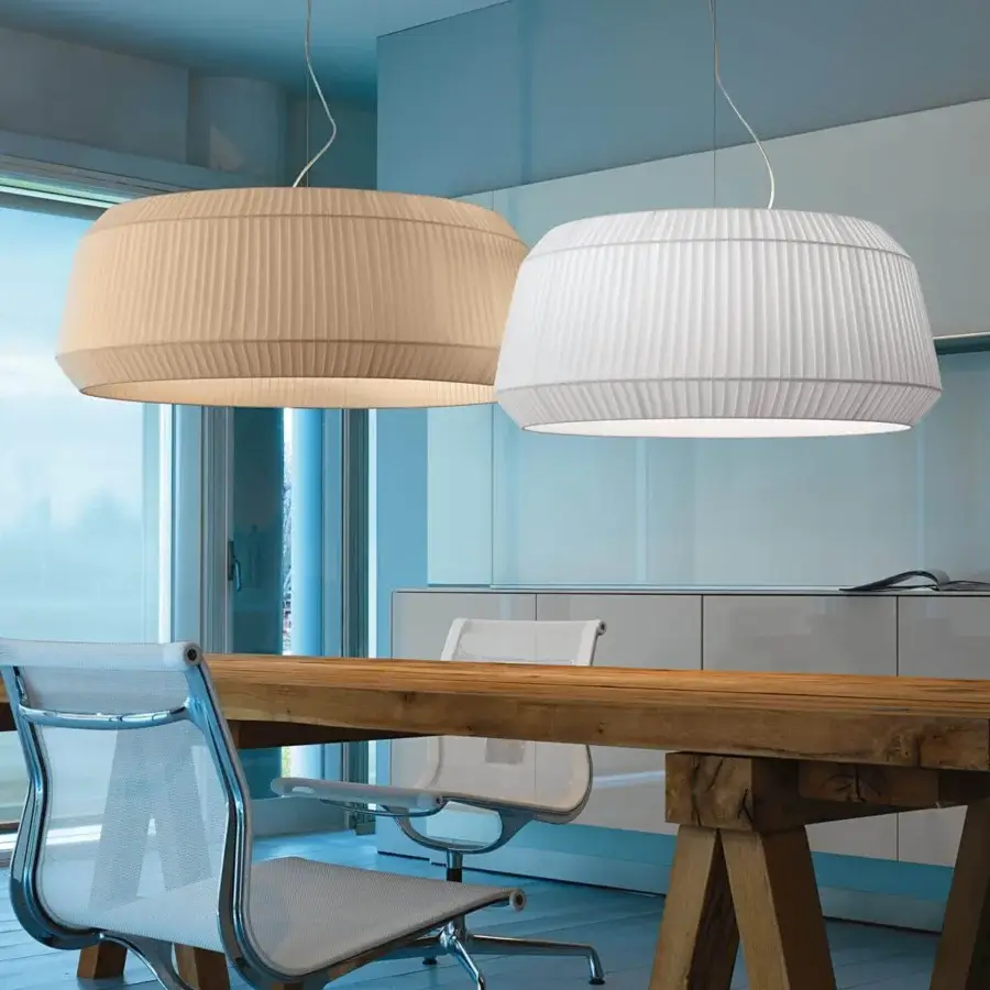 Distinguished Modo Luce Loto suspension lamp with pleated beige fabric lampshade and thin metallic cords crafted in Italy