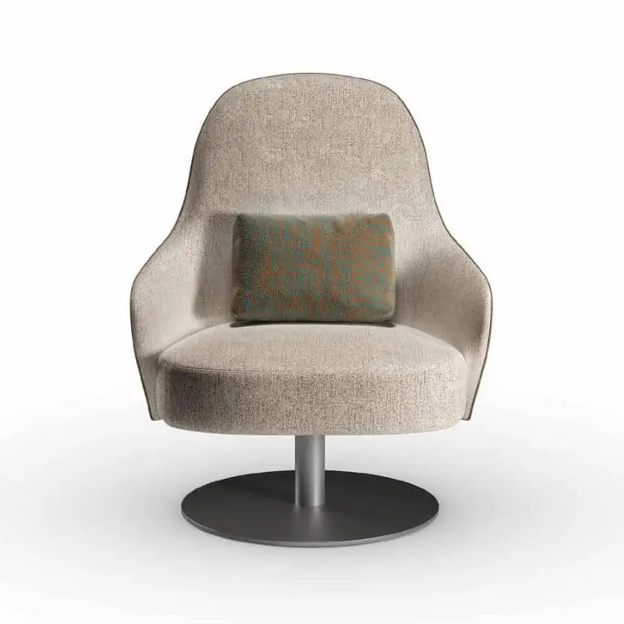 Distinguished Reflex Ludwig lounge chair with curved light beige woven fabric and dark matte metal base with patterned cushion