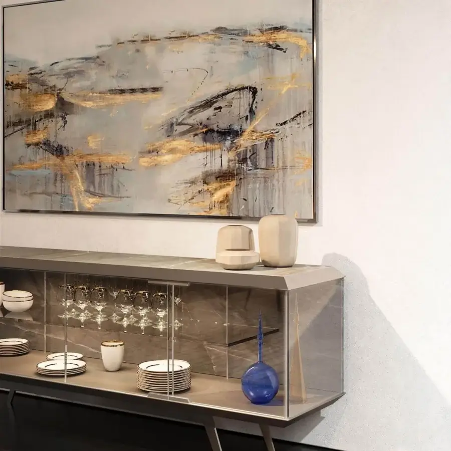Exceptional Reflex London sideboard with bevelled wood, metal feet and a neutral gray marble glass insert