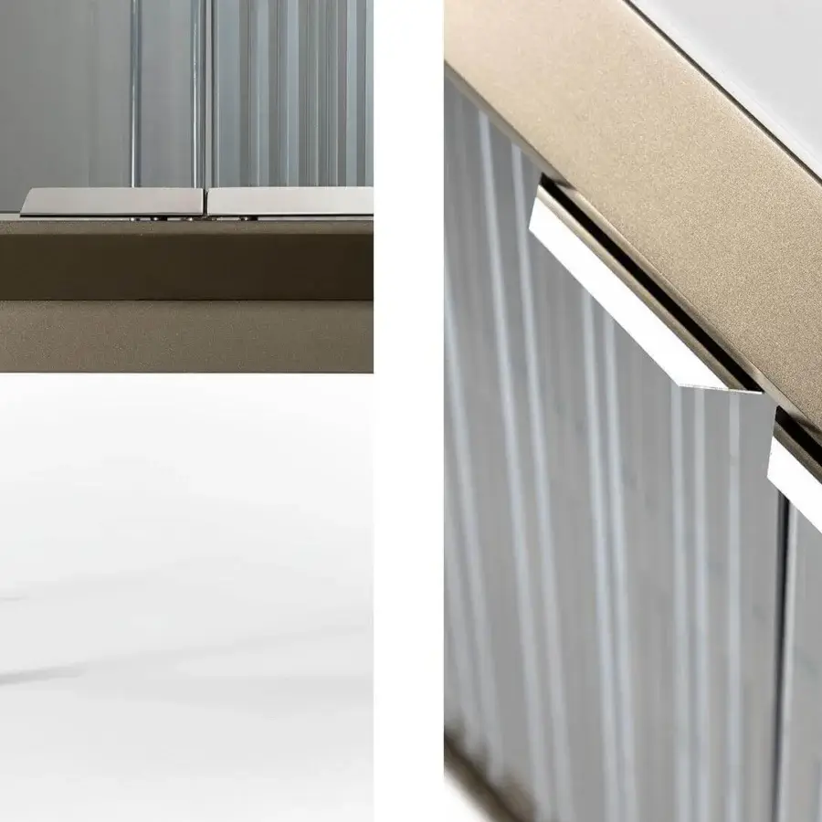 Superior Reflex London sideboard with a wood base, marble glass insert and bronze metal frame