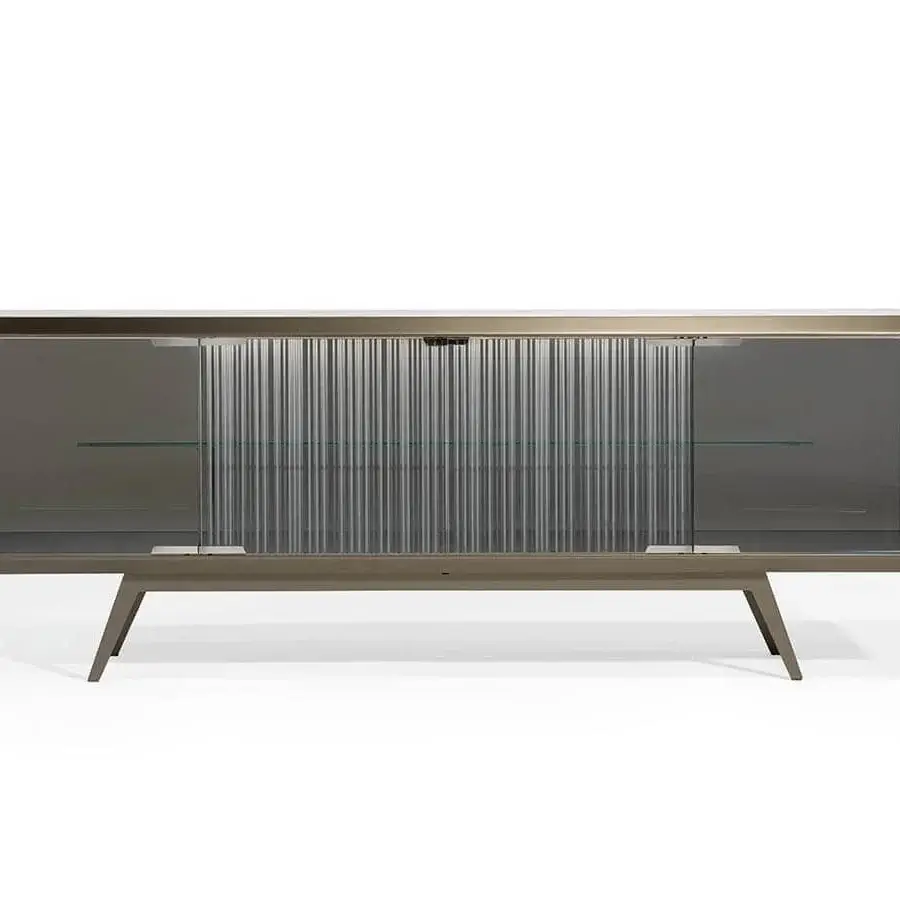 Captivating Reflex London sideboard with bevelled wood, transparent glass doors and satin finish metal accents