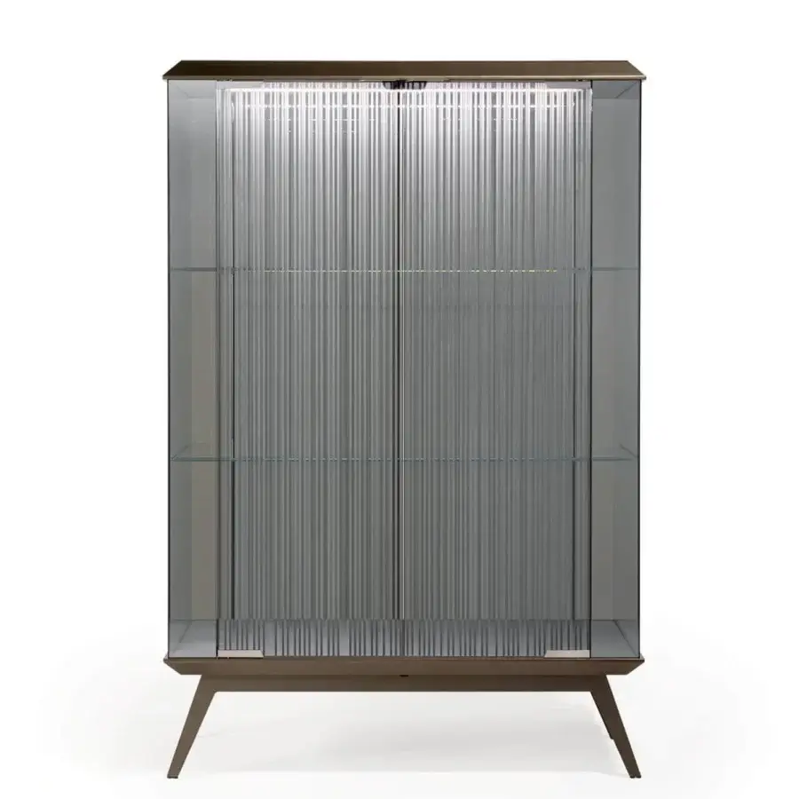 Superior Reflex London cupboard with transparent glass, bevelled wood base and top, plus matte finish dark wood framing