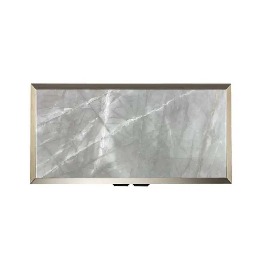 Elegant Reflex London cupboard with bevelled wood, transparent glass and light gray marble-patterned finish crafted with metal feet