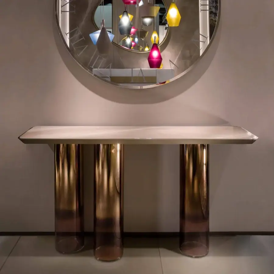 Distinguished Reflex Signore degli Anelli console with light top and borosilicate glass cylinders exhibiting shaded sputtering with reflective copper finish