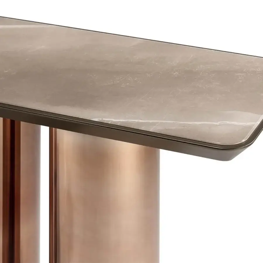 Elegant Reflex Signore degli Anelli console with marble glass top and rose-gold finished cylindrical base crafted in Italy