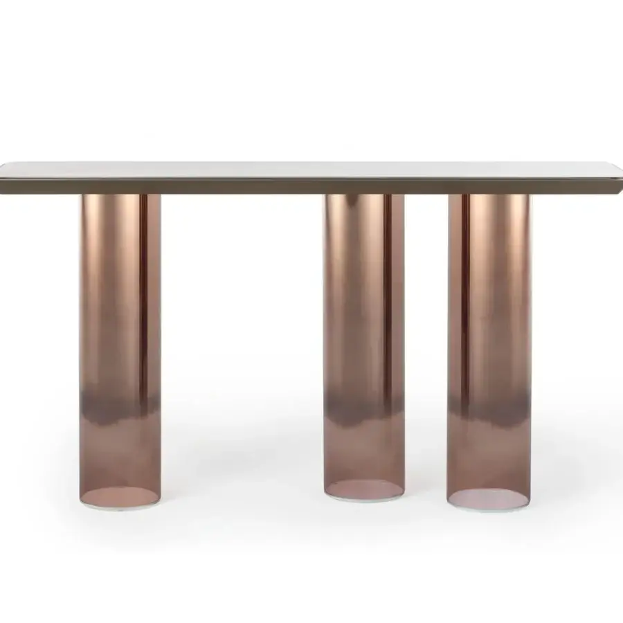 Distinguished Reflex Signore degli Anelli console with borosilicate glass legs and rectangular glass top in matte finish with copper sputtering