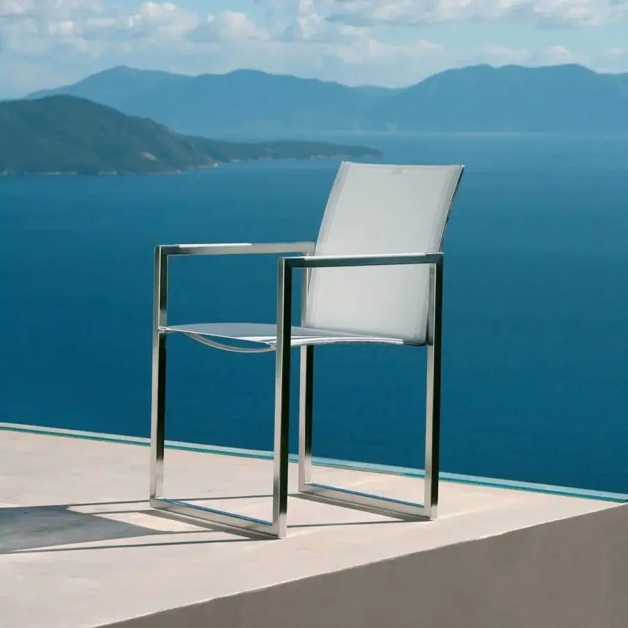 Distinguished Royal Botania Ninix armchair with brushed stainless steel frame and white Batyline seat and backrest