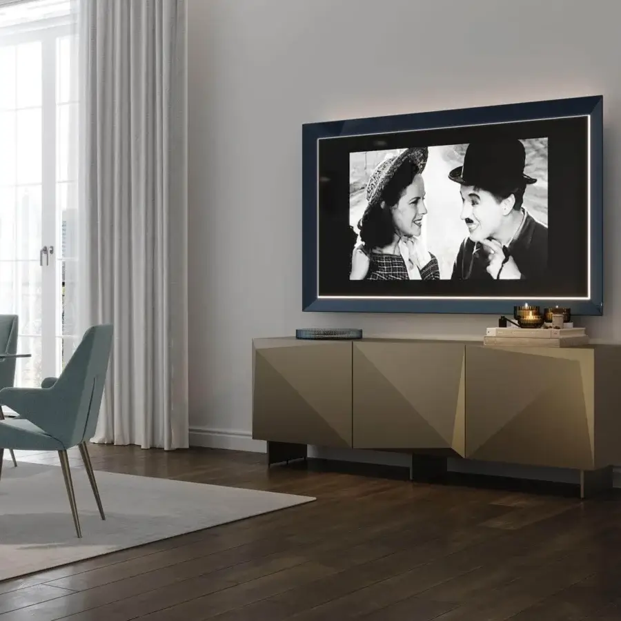 Innovative Reflex Origami Maxi sideboard in lacquered wood with transparent glass legs and smooth matte finish