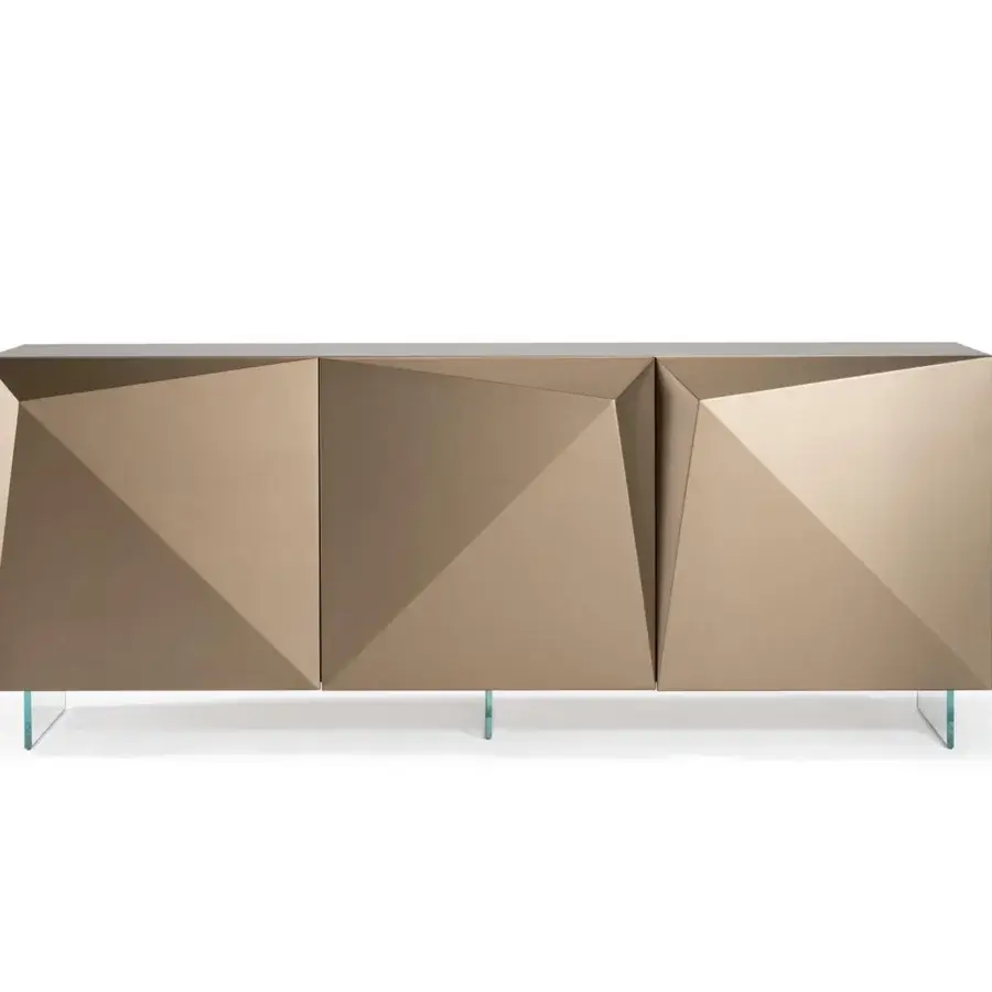 Innovative Reflex Origami Maxi sideboard in champagne gold lacquered wood with metallic finishes and transparent glass legs