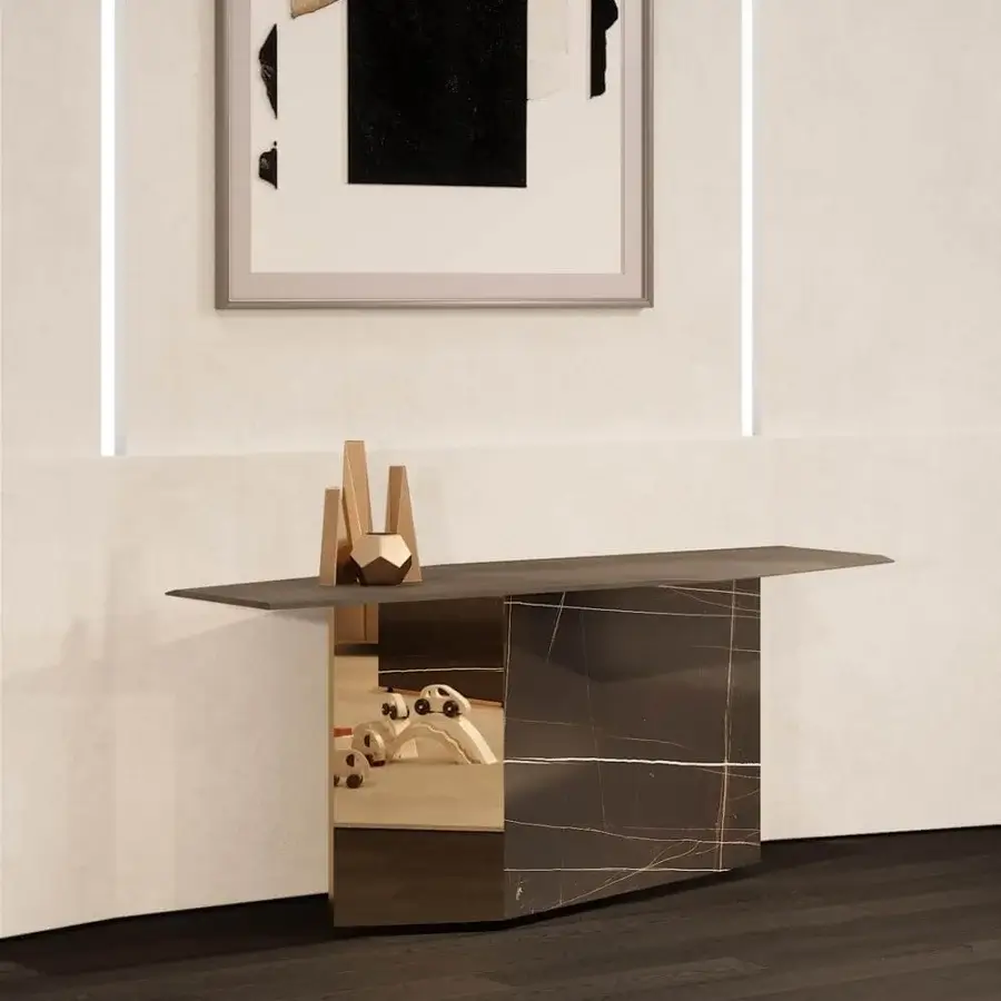 Superior Reflex Cubitum console with wooden base, bronze finish edges, marble glass and clear glass top crafted in contemporary style