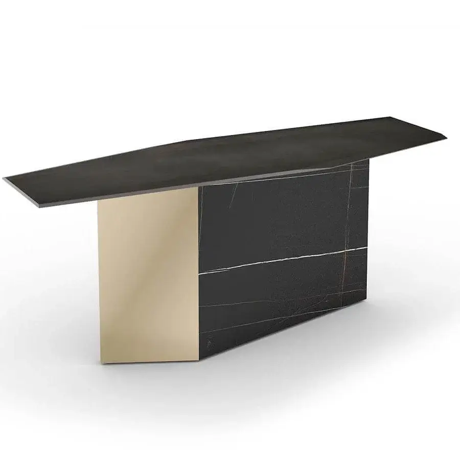 Exceptional Reflex Cubitum console with extra clear glass, bevelled edges, and a bronze finished wooden base built with marble glass