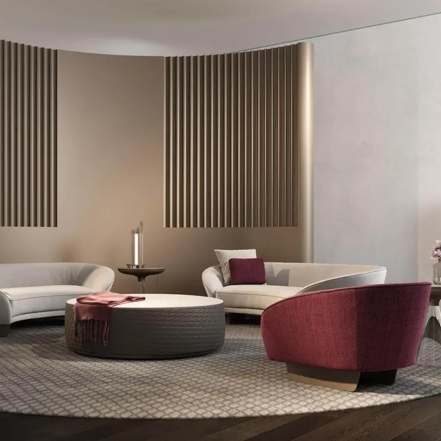 Exceptional Reflex Segno lounge chair upholstered in reddish-purple textile with bronze finished continuous metal legs