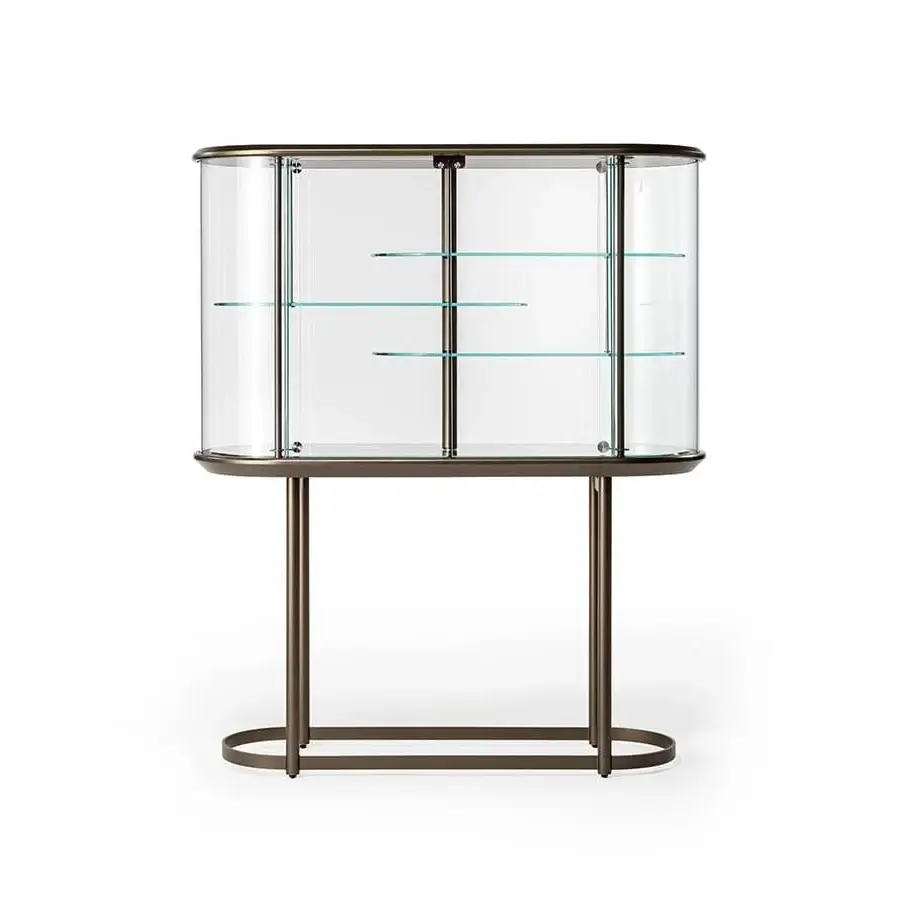 Distinguished Reflex Big Ben bar cabinet with extra clear glass structure and mesh glass base in bronze finished metal legs