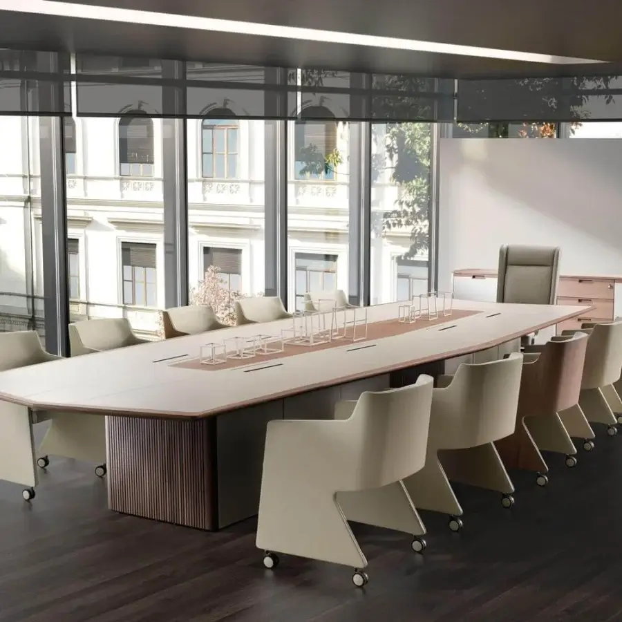 Exclusive 4 Mariani Master Conference table with saddle leather and Black Walnut wood in grey stained finish with integrated electrification