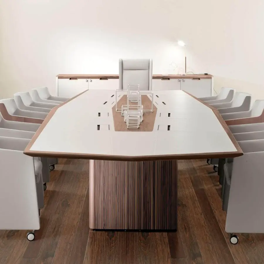 Superior 4 Mariani Master Conference table with saddle leather, Black Walnut wood grey stained and integrated cable management