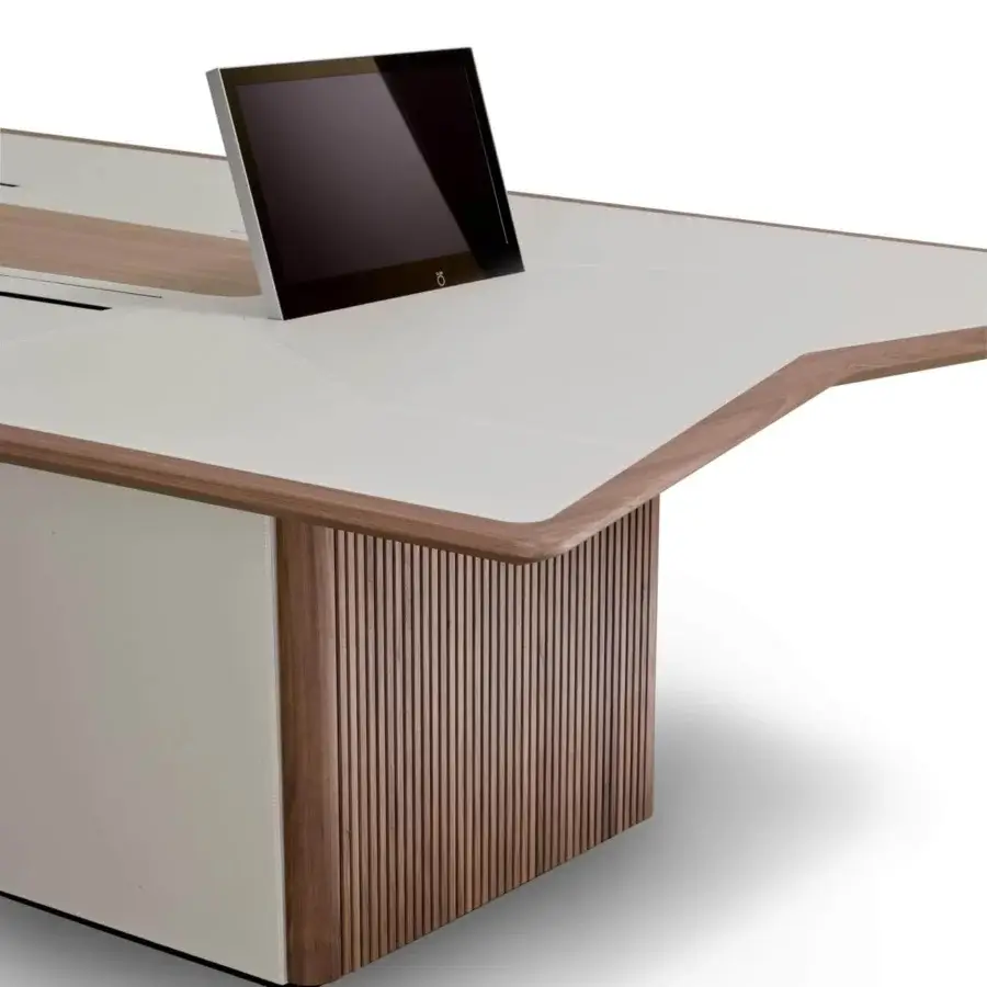 Distinguished 4 Mariani Master Conference table with light cream saddle leather and grey stained Black Walnut wood trim