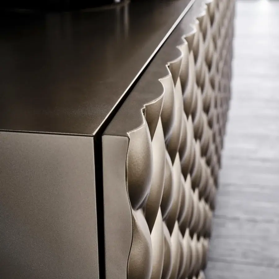 Distinguished Cattelan Italia Lavander sideboard with brushed bronze lacquered wood and wave-like scalloped front built with clear glass shelves