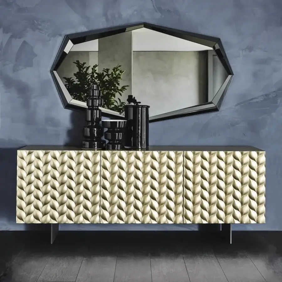 Elegant Cattelan Italia Lavander sideboard with repeating leaf-like doors in metallic gold, brushed bronze lacquer and polished stainless steel feet