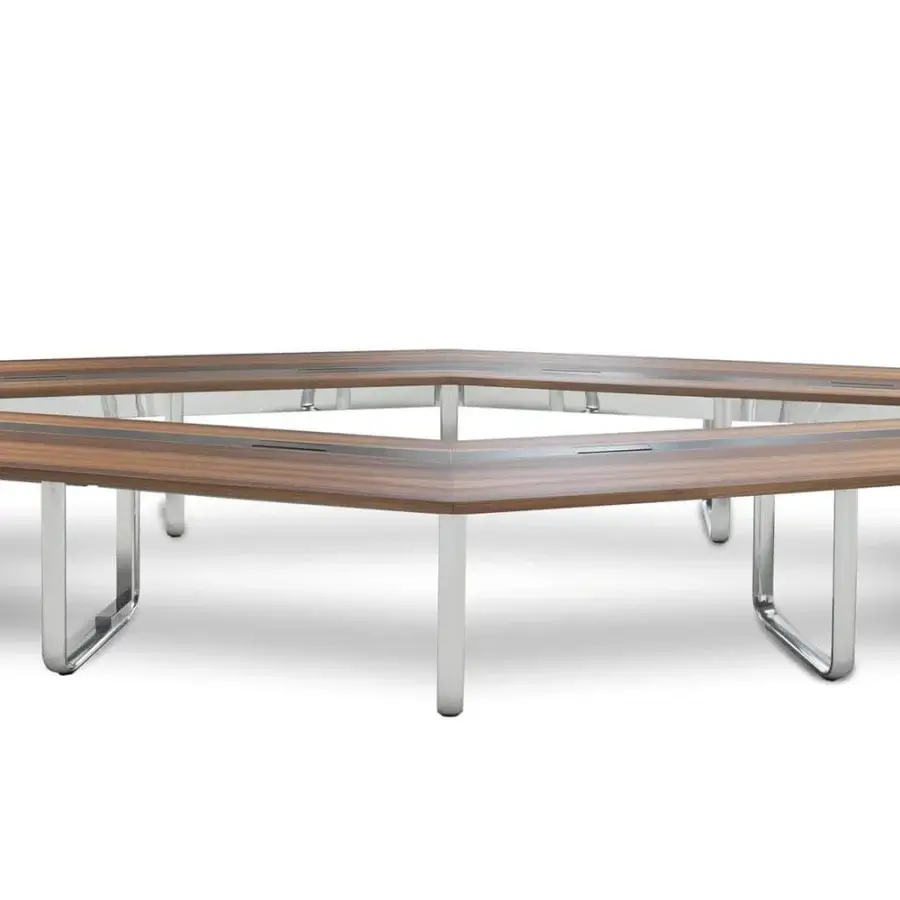 Exclusive 4 Mariani Leader conference table with Eucalyptus wood veneer and polished chrome-effect drawn aluminum legs built with cable management
