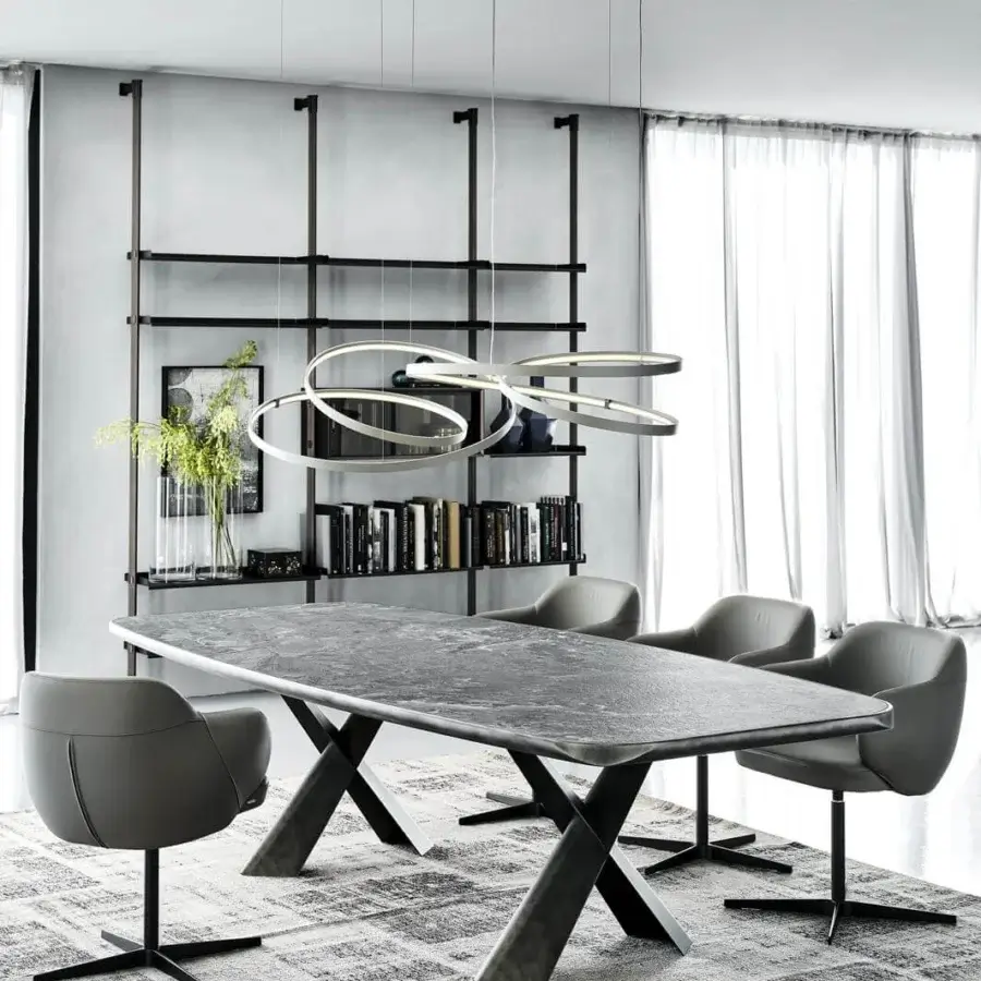 Innovative Cattelan Italia Heaven suspension lamp with interconnected silver-toned rings crafted in titanium embossed lacquered material