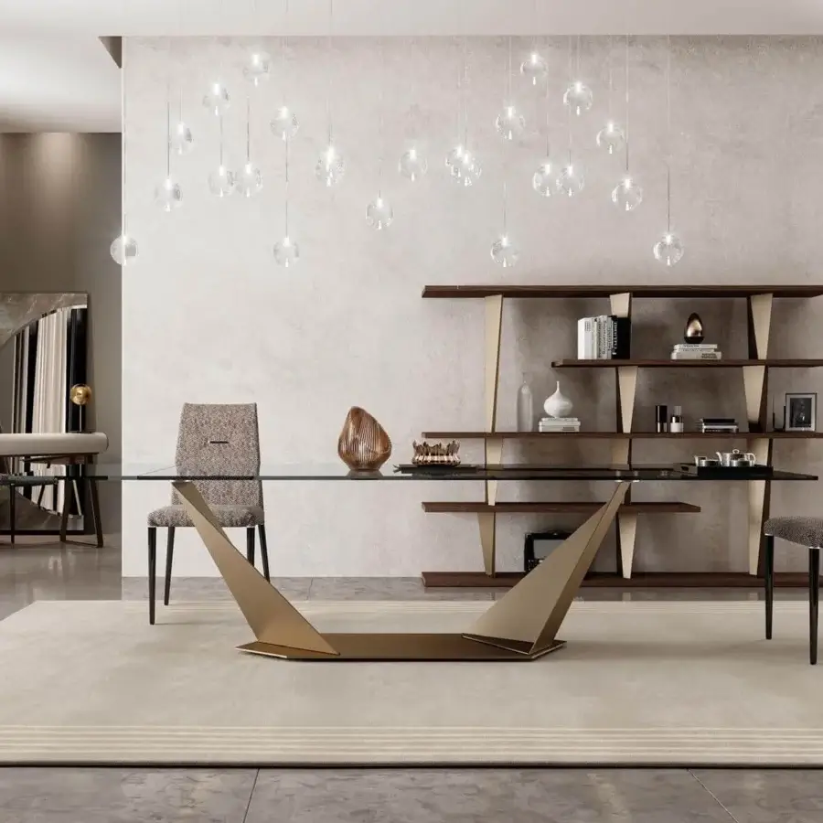 Exclusive Reflex Quartz table with transparent tempered glass top and glossy bronze metal base