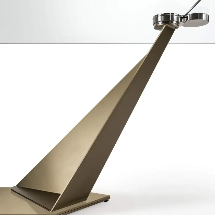 Superior Reflex Quartz table with transparent tempered glass top and matte bronze metal base crafted in Italy