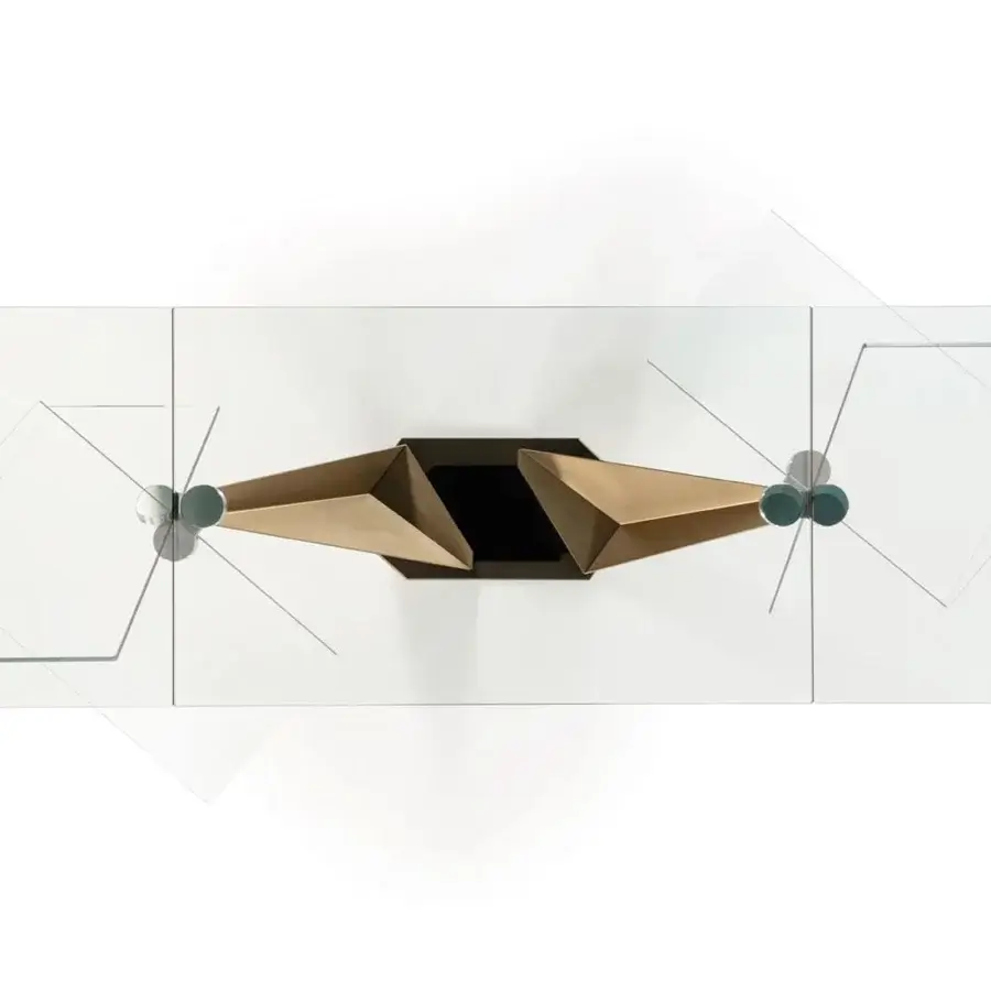 Distinguished Reflex Quartz table with transparent tempered glass top and dark brass metal base accented with teal supports