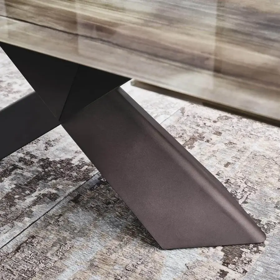 Superior Cattelan Italia Tyron CrystalArt table with graphite embossed steel base and striated artistic glass top