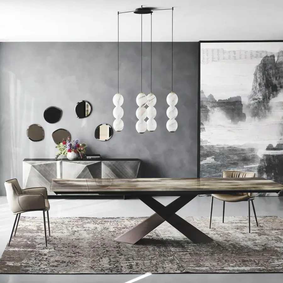 Distinguished Cattelan Italia Tyron CrystalArt table with extra-clear glass top and graphite embossed lacquered steel base